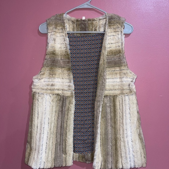 Faux Fur Beige Sz Medium Lining Pattern Vest Open Women's Mystree - Picture 2 of 7